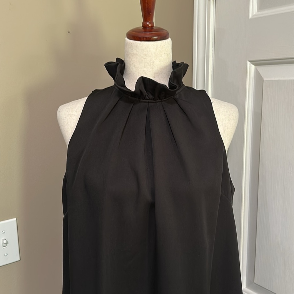 Umgee Ruffle Neck A-line Sleeveless Mini Dress with Bow Tie in Black - Picture 2 of 8